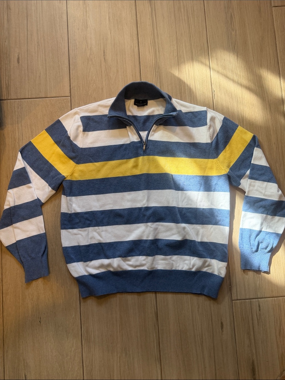 Brooks Brothers Blue, White & Yellow Striped Half-Zip Sweater